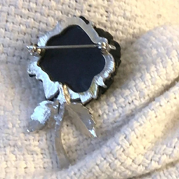 Antique Black Rose Brooch with Silvery Jewelled Leaves - Gothic Elegance - Picture 3 of 3